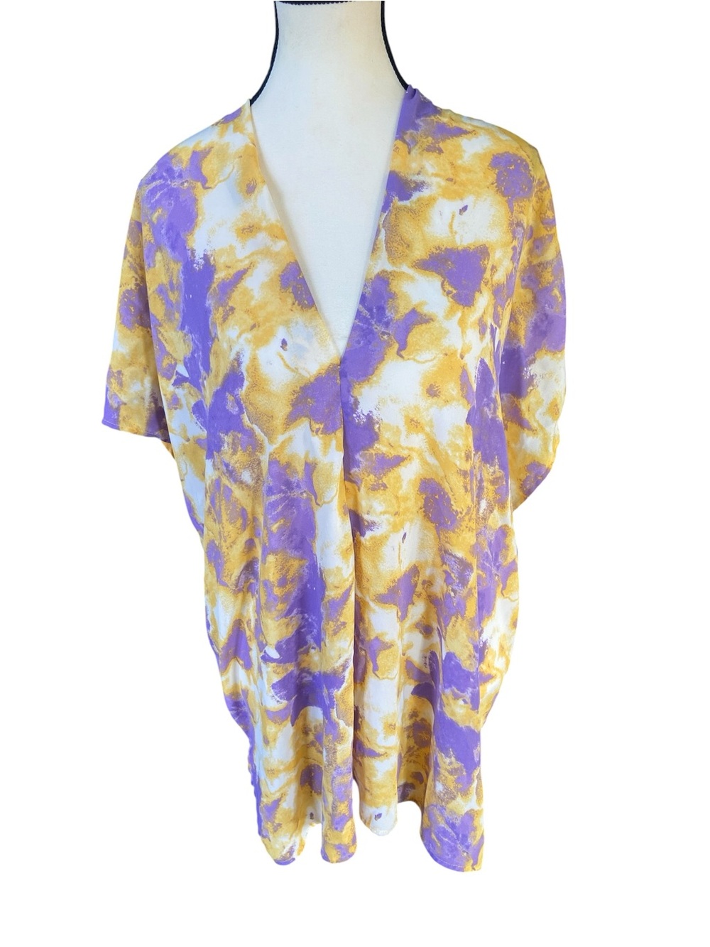 Adrienne Women’s Tie Dye Kimono Blouse V-Neck Top Purple Gold Size Large Flowy